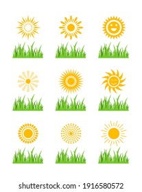 sun icon with green grass set