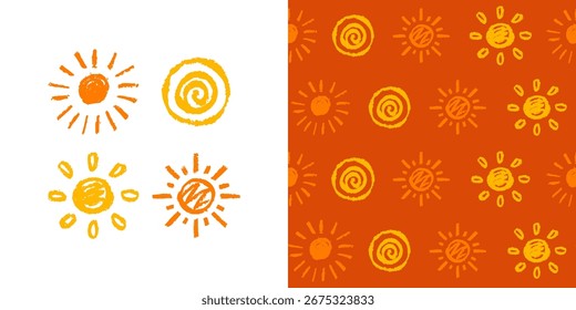 Ícone de sol efeito grungy sem emenda padrão. Pincel desenhado traçado esboço sol ilimitado fundo. Texturizado infinito verão ornamento sol vetor papel impressão tecido tecido envoltório têxtil pano de fundo modelo