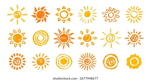 Conjunto de efectos sucios de icono de sol. Dibujo dibujado a mano del sol diferente. Colección de diseño plano de Vector sucio texturizado. Concepto de figura de verano. Objetos de dibujo de iluminación natural brillante. Graffiti gráfico por ordenador