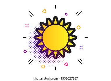 Sun icon. Halftone dots pattern. Sunlight summer symbol. Hot weather sign. Classic flat sun icon. Vector