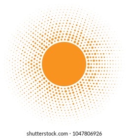 Sun icon. Halftone orange circle with random  circles texture logo design element. Vector illustration 