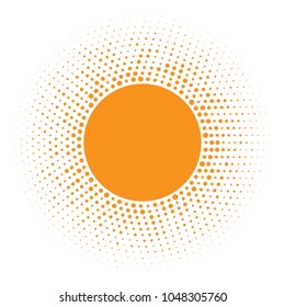 Sun icon. Halftone orange circle with random  circles texture logo design element. Vector illustration 