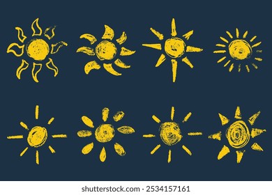 ícone de sol em giz de cera desenhado à mão, carvão vegetal, textura de giz