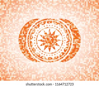 sun icon inside abstract emblem, orange mosaic background