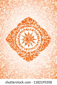 sun icon inside abstract emblem, orange mosaic background