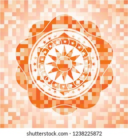 sun icon inside abstract emblem, orange mosaic background