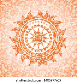 sun icon inside abstract emblem, orange mosaic background
