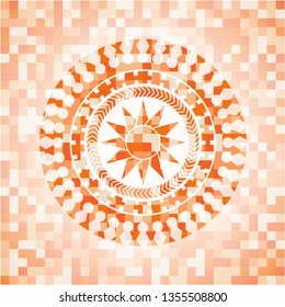 sun icon inside abstract orange mosaic emblem