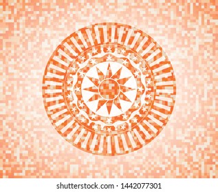 sun icon inside abstract orange mosaic emblem with background
