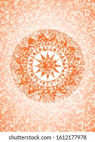 sun icon inside abstract orange mosaic emblem with background