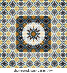 sun icon inside arabesque emblem background. arabic decoration.