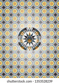 sun icon inside arabic badge. Arabesque decoration.