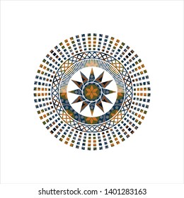 sun icon inside arabic badge. Arabesque decoration.