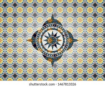 sun icon inside arabic badge. Arabesque decoration.