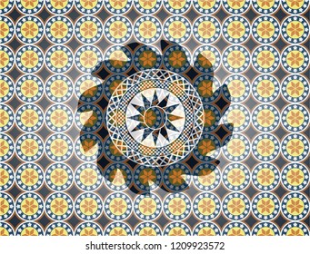 sun icon inside arabic style emblem. Arabesque decoration.