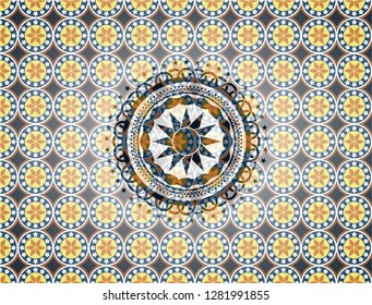 sun icon inside arabic style emblem. Arabesque decoration.