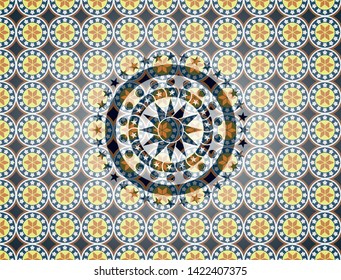 sun icon inside arabic style badge. Arabesque decoration.