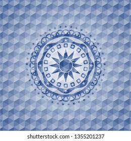 sun icon inside blue emblem or badge with abstract geometric pattern background.
