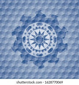 sun icon inside blue emblem or badge with abstract geometric polygonal pattern background.