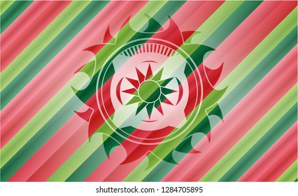 sun icon inside christmas colors badge.