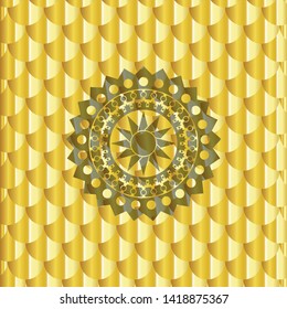 sun icon inside golden badge or emblem. Scales pattern. Vector Illustration. Detailed.
