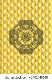 sun icon inside golden emblem or badge. Scales pattern. Vector Illustration. Detailed.