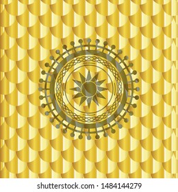 sun icon inside golden emblem or badge. Scales pattern. Vector Illustration. Detailed.
