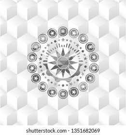sun icon inside grey badge with geometric cube white background
