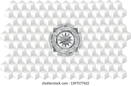 sun icon inside grey badge with geometric cube white background