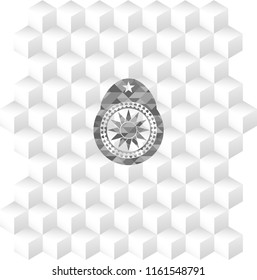 sun icon inside grey emblem with cube white background