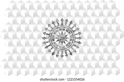 sun icon inside grey emblem with cube white background
