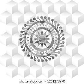 sun icon inside grey icon or emblem with geometric cube white background