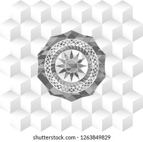 sun icon inside grey emblem. Retro with geometric cube white background