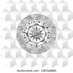 sun icon inside grey icon or emblem with geometric cube white background