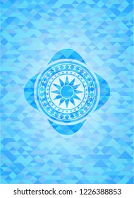 sun icon inside light blue emblem with mosaic background