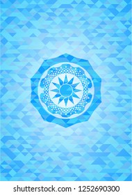 sun icon inside light blue emblem with mosaic ecological style background