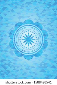 sun icon inside light blue emblem. Mosaic background