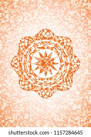 sun icon inside orange tile background illustration. Square geometric mosaic seamless pattern with emblem inside.