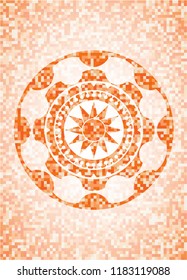 sun icon inside orange tile background illustration. Square geometric mosaic seamless pattern with emblem inside.