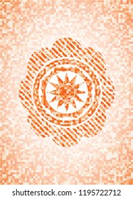 sun icon inside orange tile background illustration. Square geometric mosaic seamless pattern with emblem inside.