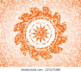 sun icon inside orange tile background illustration. Square geometric mosaic seamless pattern with emblem inside.