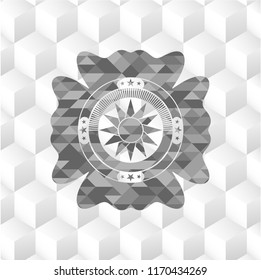 sun icon inside realistic grey emblem with geometric cube white background