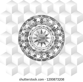 sun icon inside realistic grey emblem with geometric cube white background