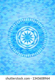 sun icon inside realistic light blue mosaic emblem