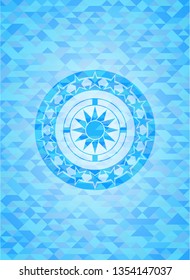 sun icon inside realistic light blue emblem. Mosaic background