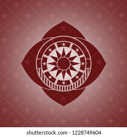 sun icon inside realistic red emblem