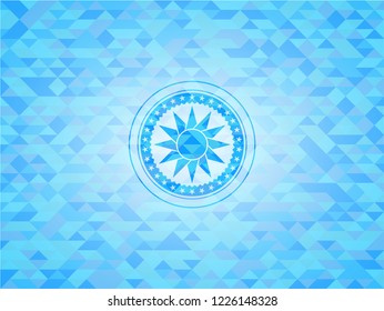 sun icon inside realistic sky blue emblem. Mosaic background
