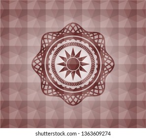 sun icon inside red emblem with geometric pattern background. Seamless.