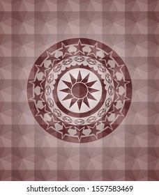 sun icon inside red emblem or badge with geometric pattern background. Seamless.