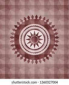 sun icon inside red seamless geometric pattern emblem. Seamless.